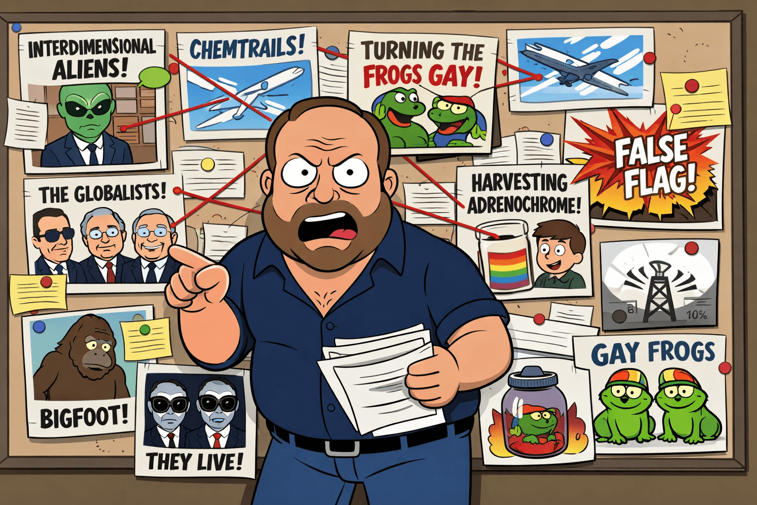 Chaotic conspiracy board with pinned notes and connecting threads